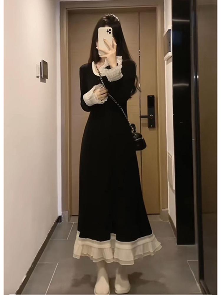 

Plus Size Women s Autumn Color Block Two-Piece Look Slimming Long-Sleeve Dress Medium чёрный