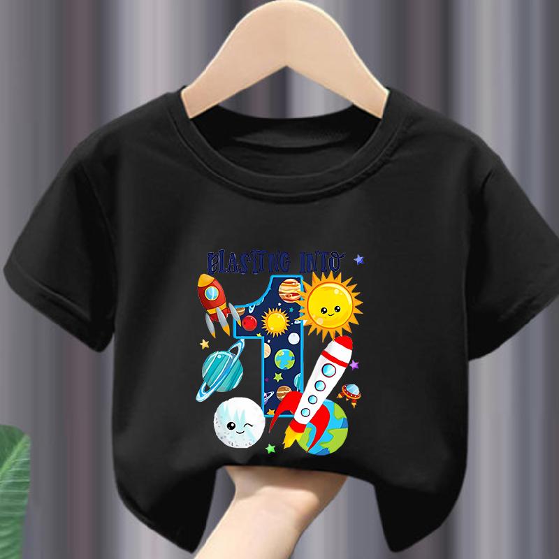 New Boys and Girls Clothing Outer Space Rocket Planet Printed Childrens Tshirt Birthday Round Neck Summer polyester fabric