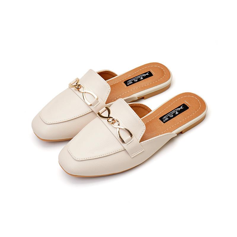 

Модный бренд Металлические цепочки Мюли Обувь Женская Закрытый носок Тапочки Женские Шлепанцы Балетки Сандалии Повседневные Слипоны Слайды Противоскользящие Тапочки 34 абрикосовый