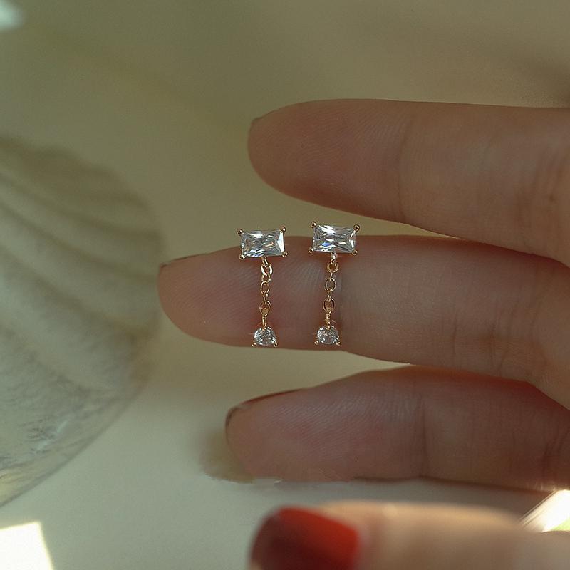 925 Sterling Silver Korean Simple Temperament Geometric Zircon Stud Earrings Women Plating 14k Gold Wedding Jewelry