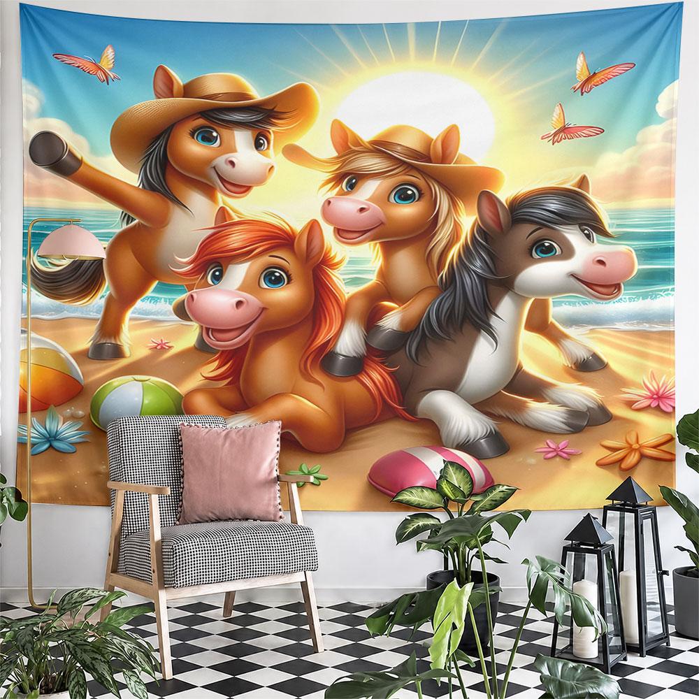 Cartoon Ponies on Beach with Sun Hats Pattern Wall Hanging Tapestry Decorative Tapestry Home Decor for Bedroom and Living Room
