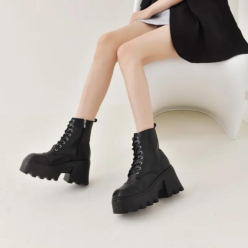 Winter Plus Size Shoes for Women Side Zip Women's Ankle Boots Platform Square Heel Ladies Boots Lace-up Shoes Female