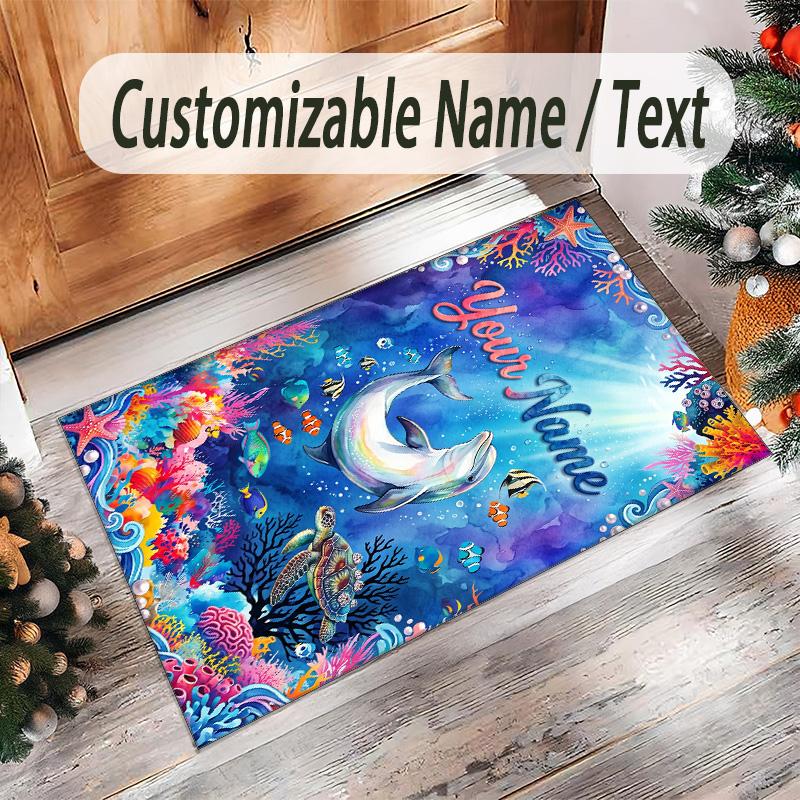 Mermaid Underwater Theme Crystal Velvet Rug Personalized Custom Name Text Soft Floor Mat Home Decor
