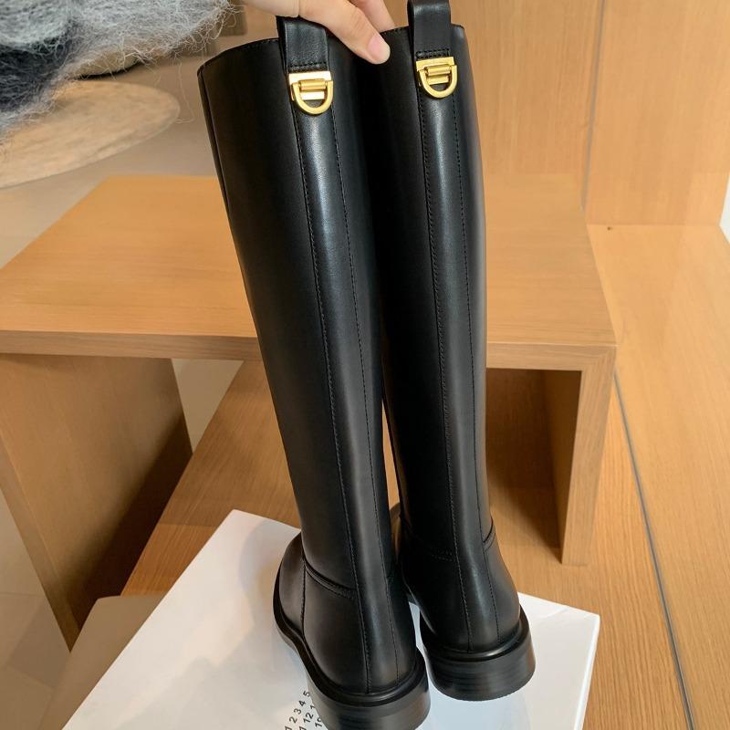 Sheepskin version~ Leather round head gold buckle thick-soled knight boots women's autumn and winter high boots thick heel thin boots long boots
