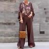 2026 Women's V-Neck Cotton Linen Print Top & Long Pants Casual Set