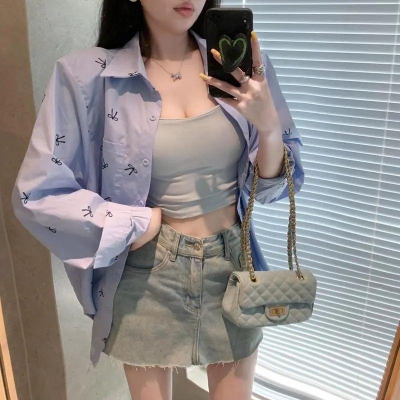 Loose Lazy Style Bow Printing Long-sleeved Shirt Women's Spring and Summer New Design Sense Casual Sunscreen Shirt Top