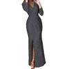 Spring Autumn Women Formal Dress Solid Color Deep V Neck Ruched High Waist