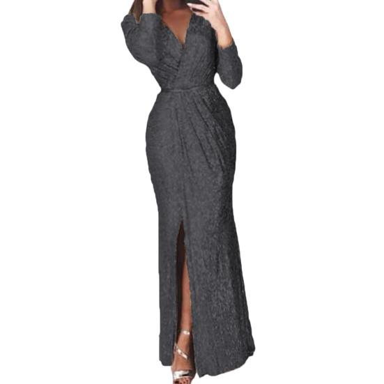 Spring Autumn Women Formal Dress Solid Color Deep V Neck Ruched High Waist