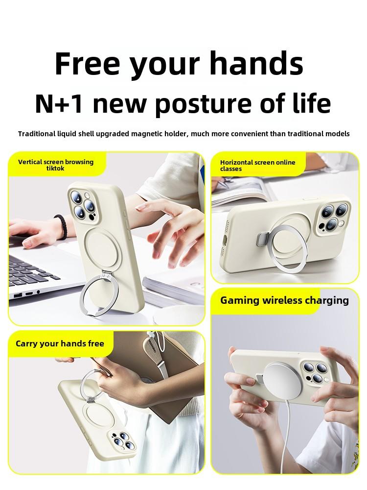 Magnetic Adsorption Liquid Silicone Case with Stand for Apple 16 Pro Max, Shockproof Full Cover for iPhone 15 13 PM