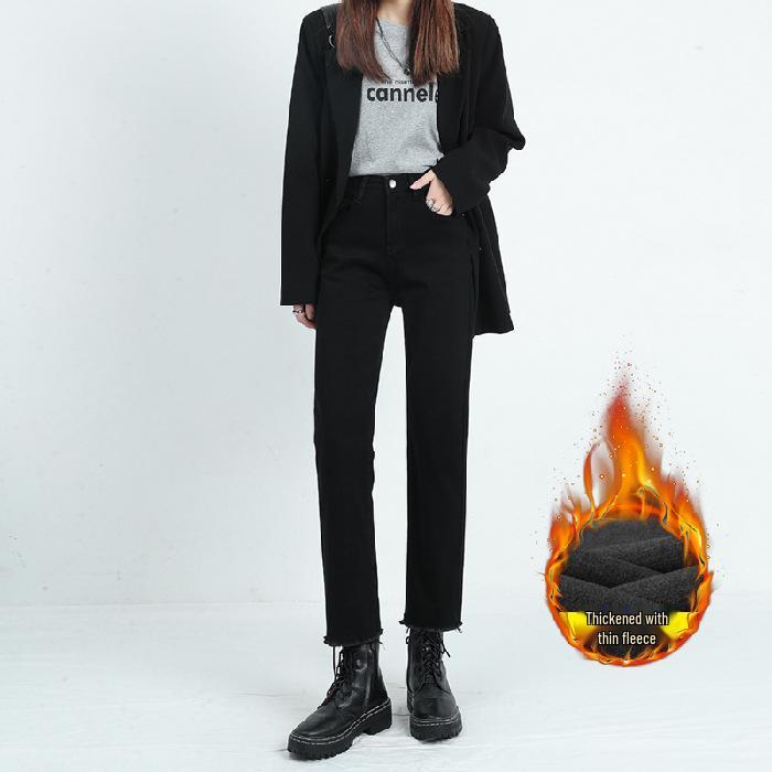 2025 Winter High-Waisted Black Frayed Straight Jeans: Velvet Lined, Loose Stretch Fit for Women