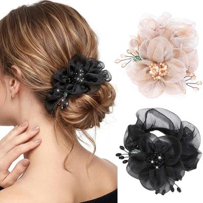 Melodio 2 Pcs Organza Flower Scrunchies with Rhinestone Bead Decor, Elegant Floral Ponytail Holders, No Crease Pain Free Elastic Hair Bands for W