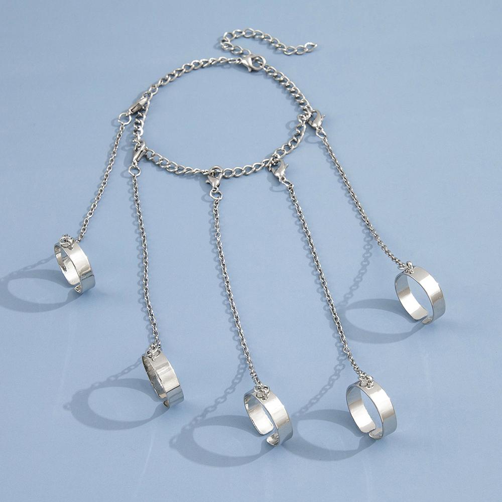 1 Stück Ins-Stil Hiphop Punk Silberfarbener Ring & Armband Kombi Fünf Finger verbundene Fäustling Ringe Für Frauen Tägliches Tragen Oder Party