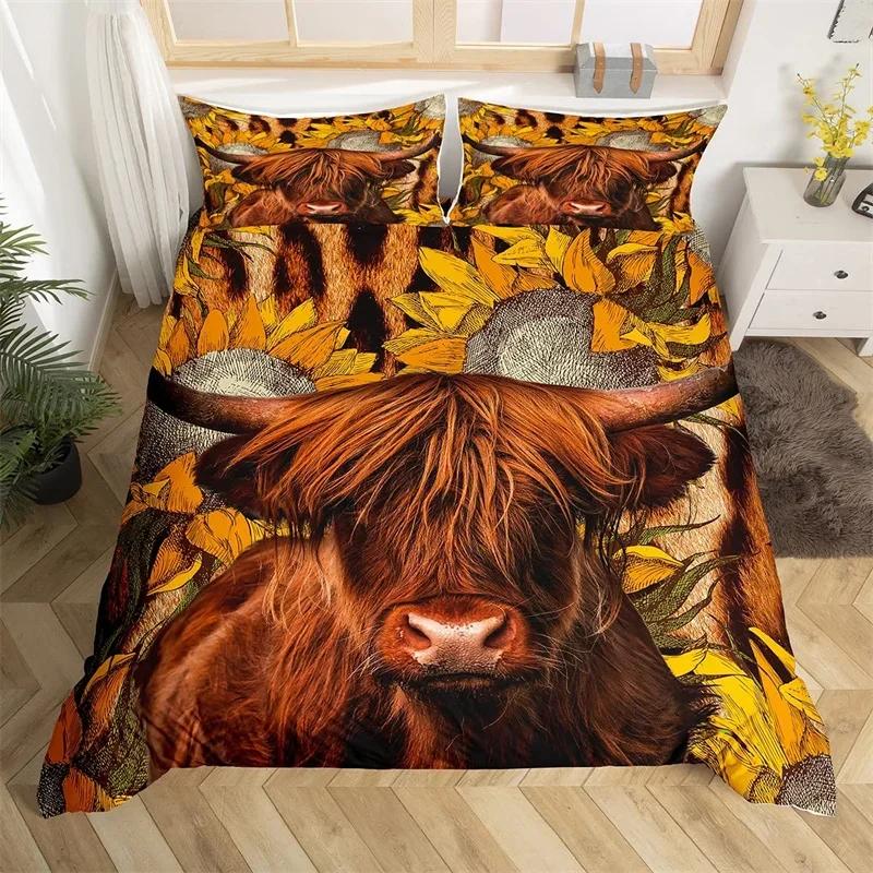Comforter Sunflower Highland Cow Western Farm Animal Bedding Set Cowhide Comforter Microfiber Twin King Queen Bedclothes