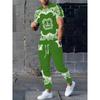 Conjunto Informal de Pantalón Largo y Camiseta de Manga Corta para Hombre - Diseño Geométrico en Contraste Impreso en 3D, Material de Poliéster, Lavable a Máquina