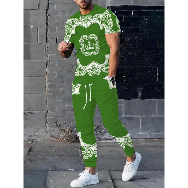 Conjunto Informal de Pantalón Largo y Camiseta de Manga Corta para Hombre - Diseño Geométrico en Contraste Impreso en 3D, Material de Poliéster, Lavable a Máquina