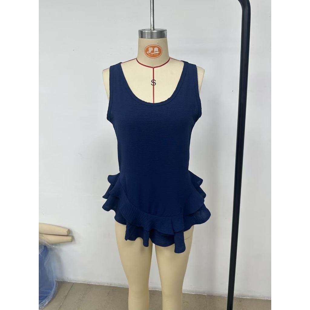 Spring Summer New Women's Casual Fashion Sleeveless Ruffled Hem Top, European American Style for Crossborder Outfit