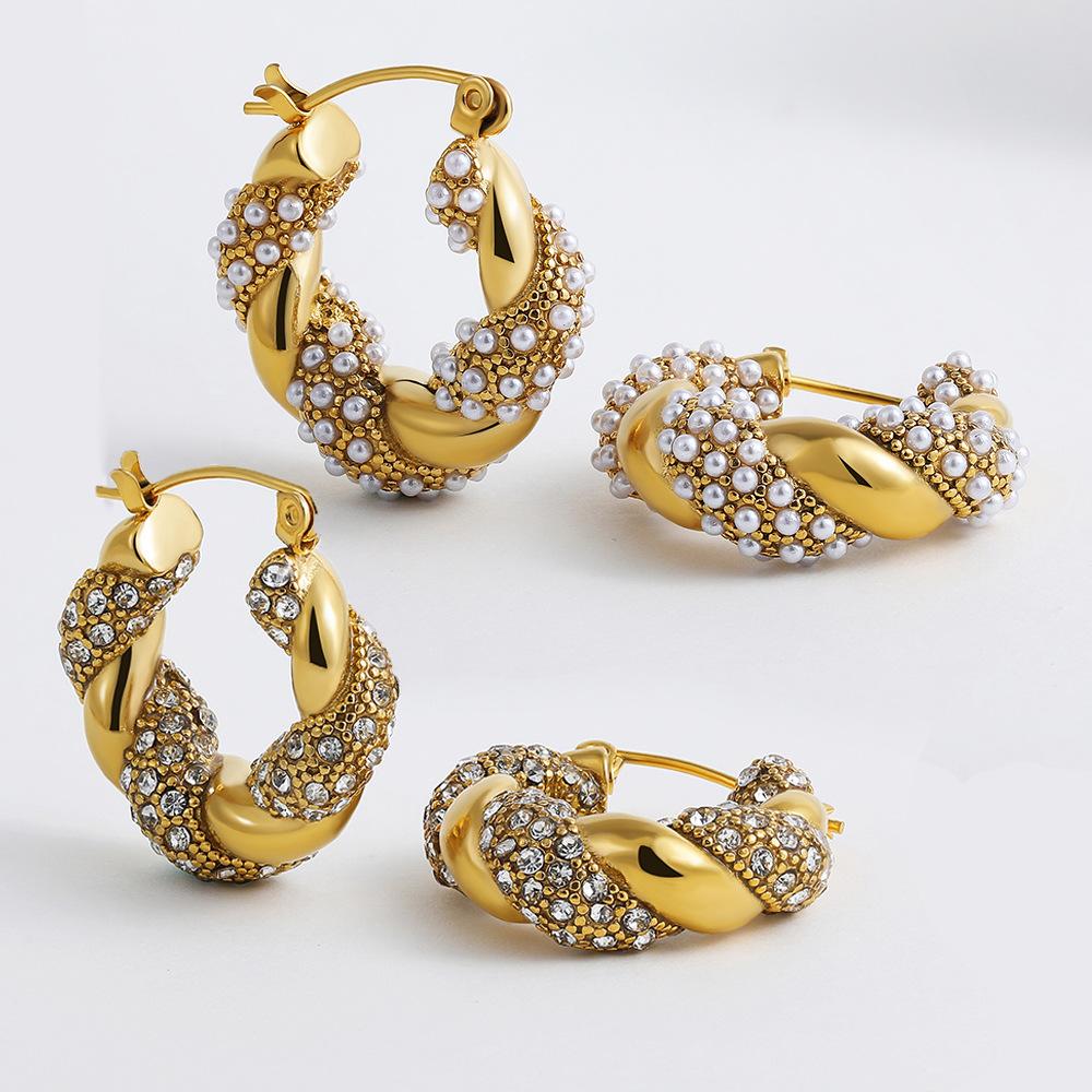 Stainless Steel Plated 18K Gold Kink Earrings Diamond Twist Pearl Exaggerated Full Diamond Earrings