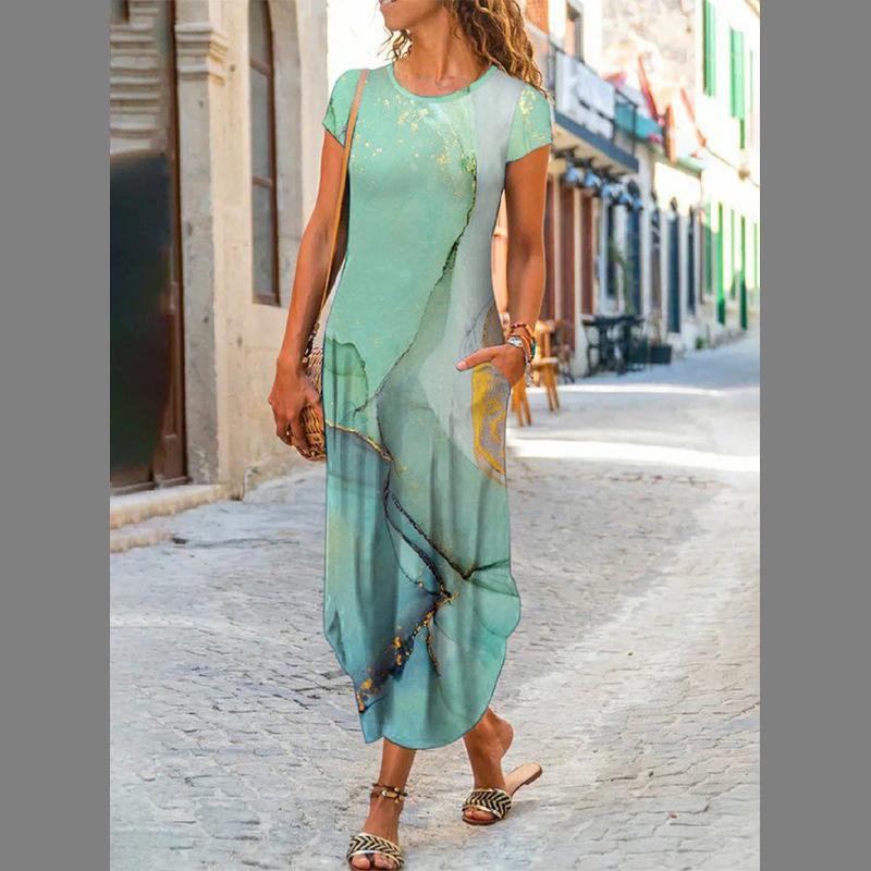 

Модное повседневное женское платье с круглым вырезом и карманами в европейском и американском стиле с короткими рукавами и рисунком с принтом XXL