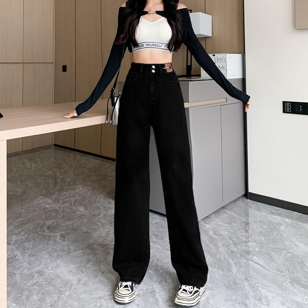 Hong Kong style high waist double buckle wide leg jeans women's spring and autumn new loose mopping casual straight jeans