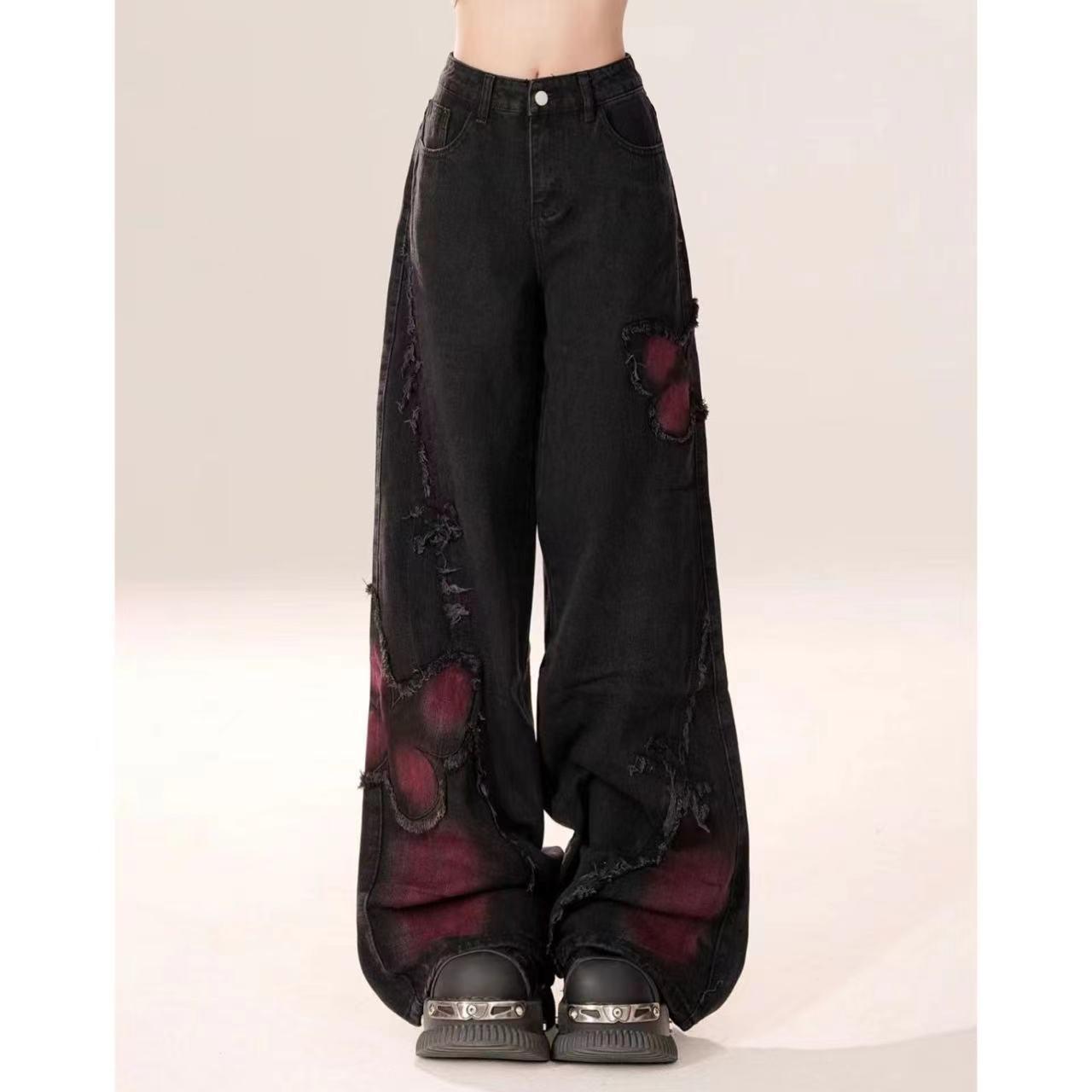 

Women s High Waist Wide Leg Jeans with Butterfly Embroidery - Black Gradient, Loose Fit, Slimming Effect, Floor Length, Spring Collection. Small чорний