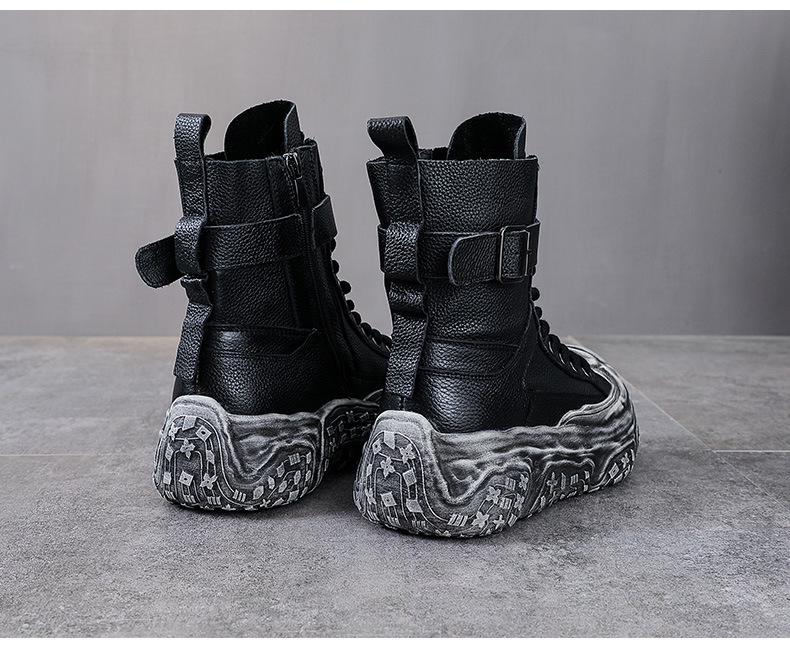 Damen Vintage Leder Motorrad Stiefeletten - Dicke Sohle, Martin Stil, Herbst/Winter Kollektion, Plus Baumwollfutter.