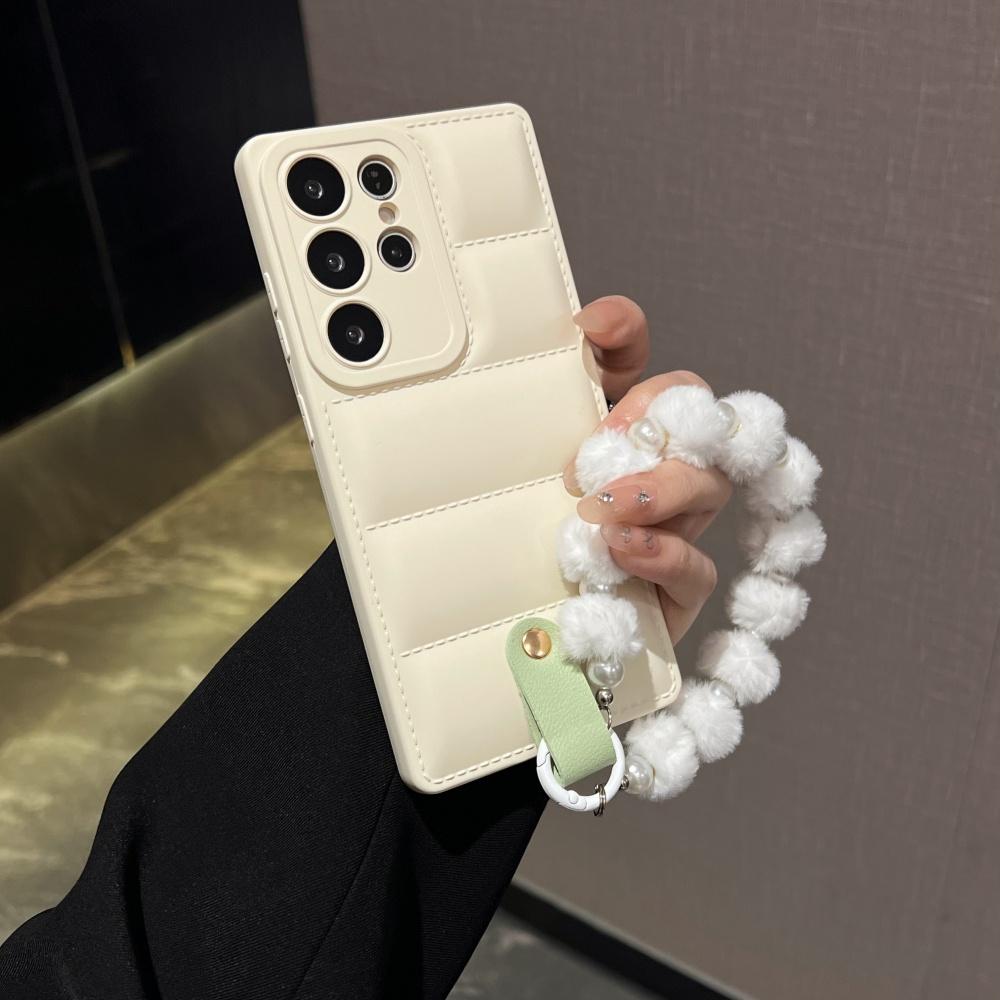 Pearl Wrist Chain Down Jacket Case for Samsung Galaxy S2 S26 Ultra S24 S23 Plus S22 S21 FE A A16 A6 Lanyard Cover