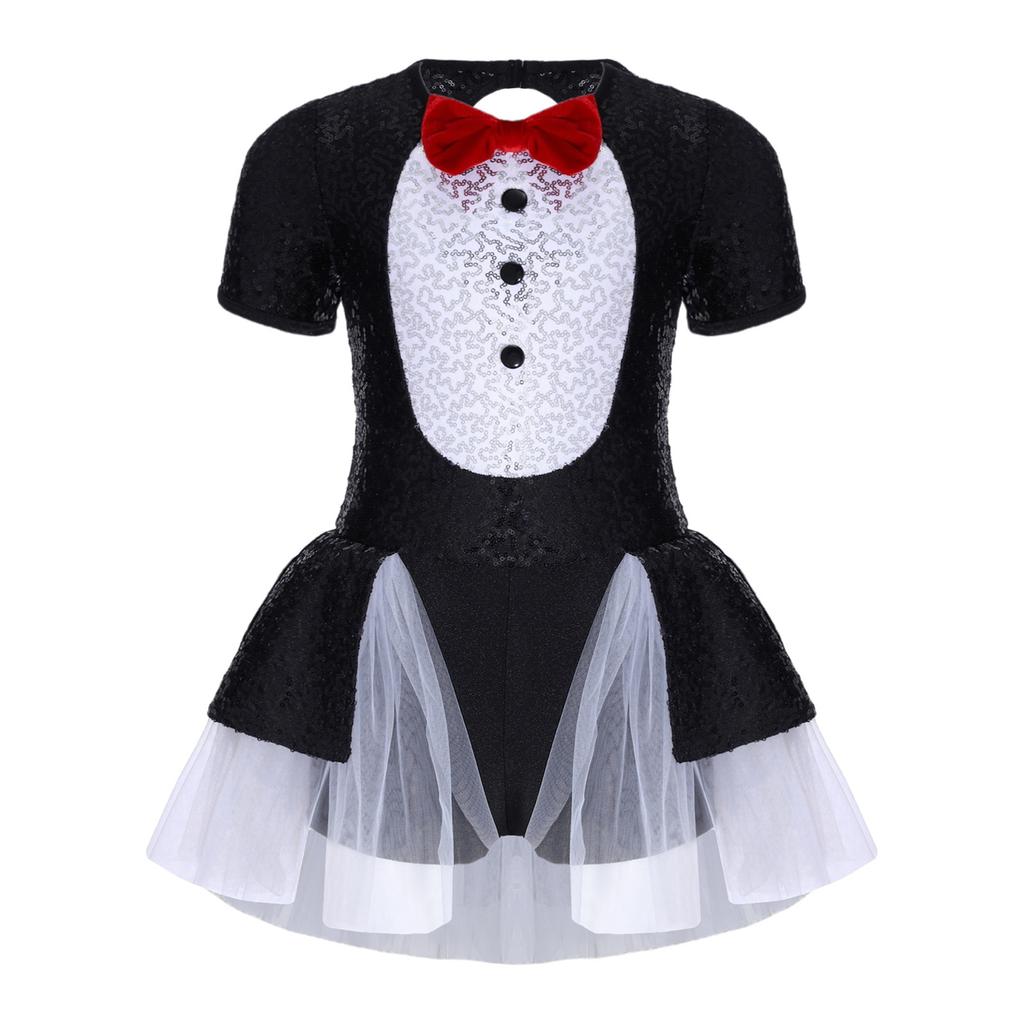Girls Penguin Costume Color Contrast Sequins Dress Round Neck Short Sleeve Bow Tie Buttons Puffy Mesh Skirt