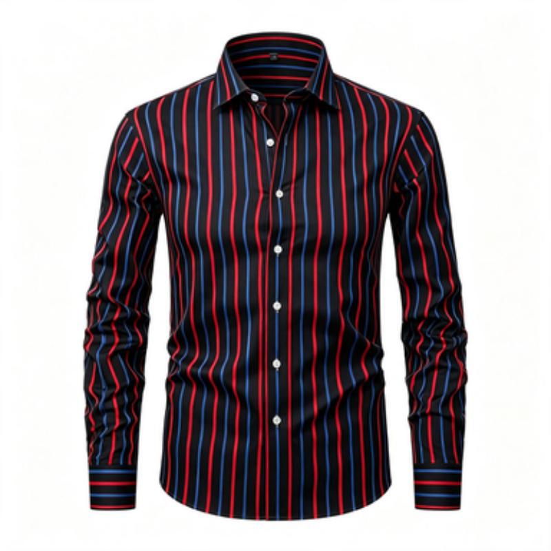 Men's Long Sleeved Shirt, Simple Men's Vertical Stripe Printed Long Sleeved Shirt, Vertical Line Lapel Shirt, European and Ameri