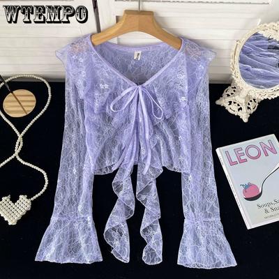 Fresh Flared Sleeve Lace Cardigan Women's Summer Ruffle Edge Thin Long Sleeved Sunscreen Cover
