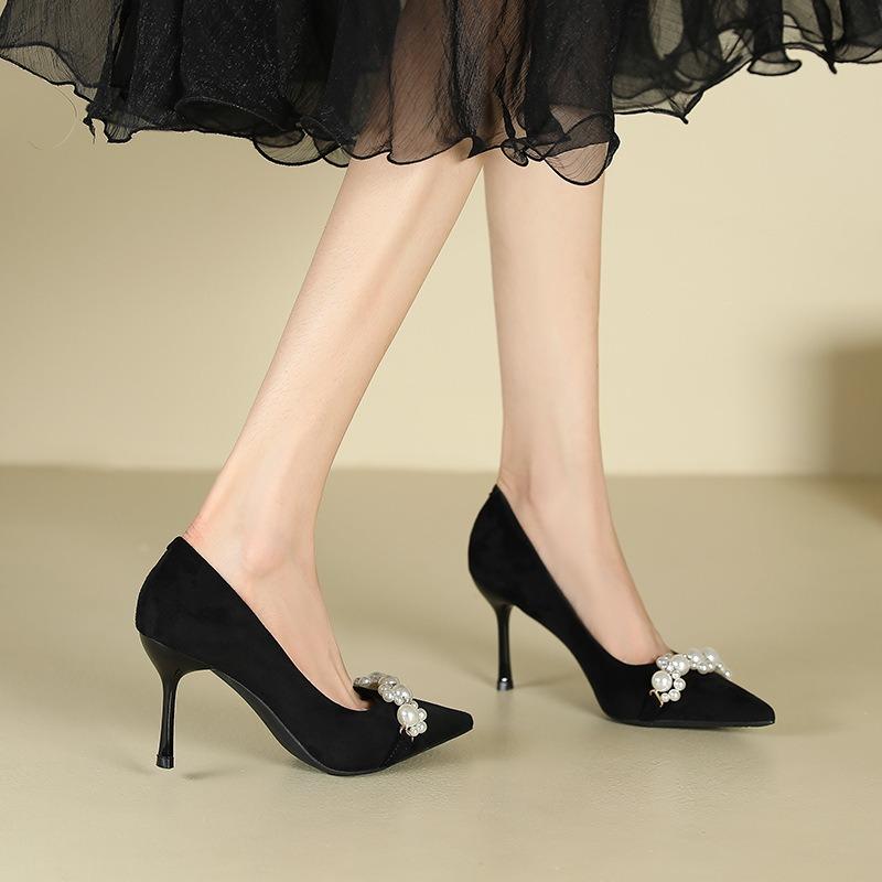 1-Pointed High Heels Women's Stiletto Pearl Single Shoes Temperament Celebrity Solid Color Super High Heel Suede