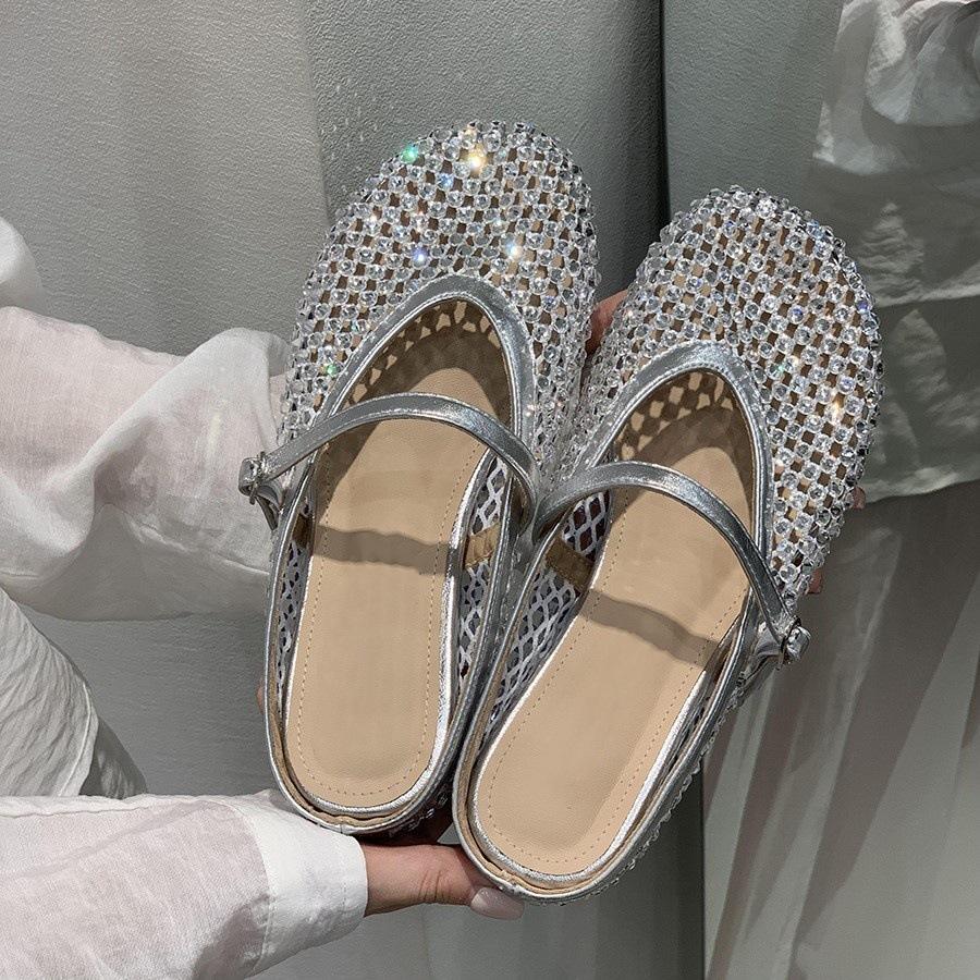 Inner height increase golden rhinestone mesh hollow bag head half slippers women's shoes outer wear 2025 summer Mary Jane sandals