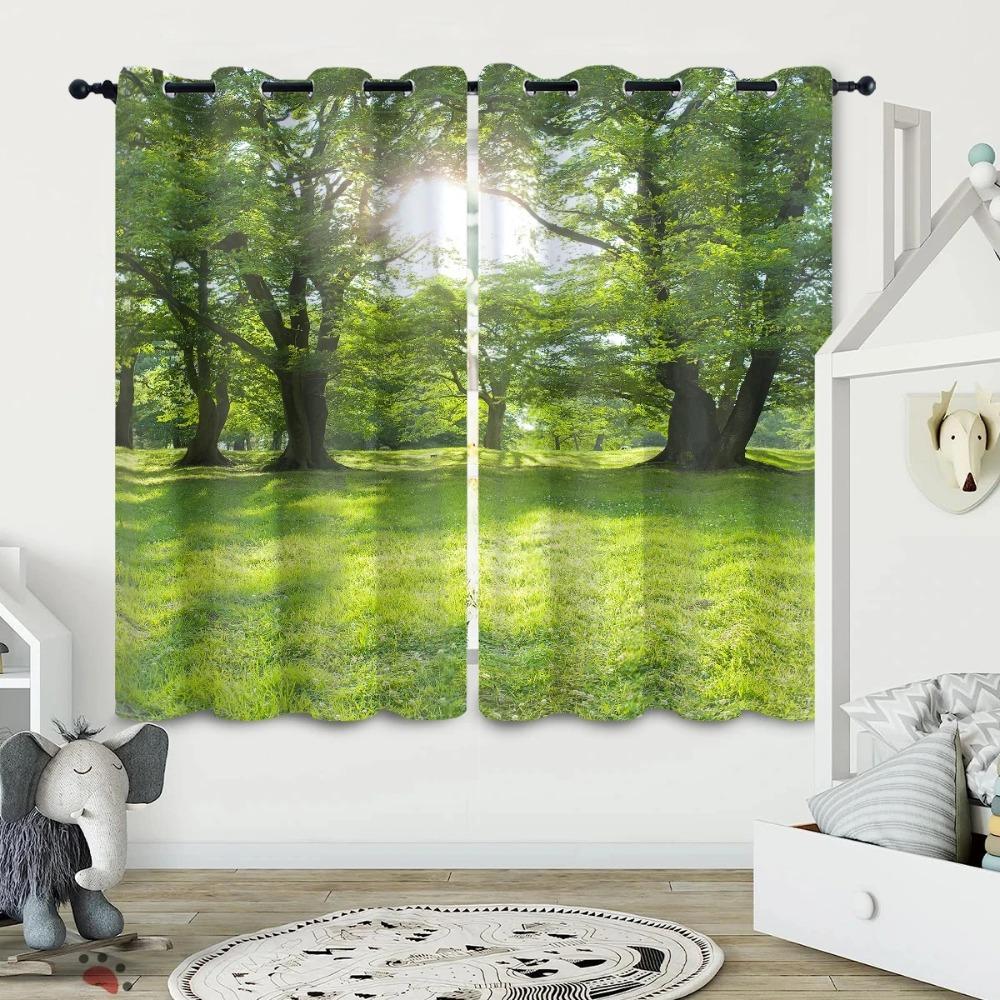 2PC Printed Perforated Drapes Bedroom Space Balcony Living Room Space Autumn Landscape Trees Fresh Green Forest Print Window Curtains