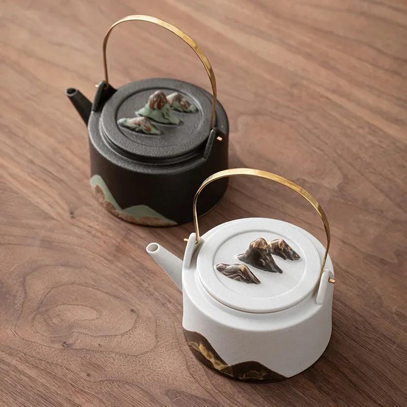 Japanese-Style Glaze Painting Color Hand-Painted Mountain Shadow Loop-Handled Teapot Kung Fu Tea Set Tea pot Small Single Pot