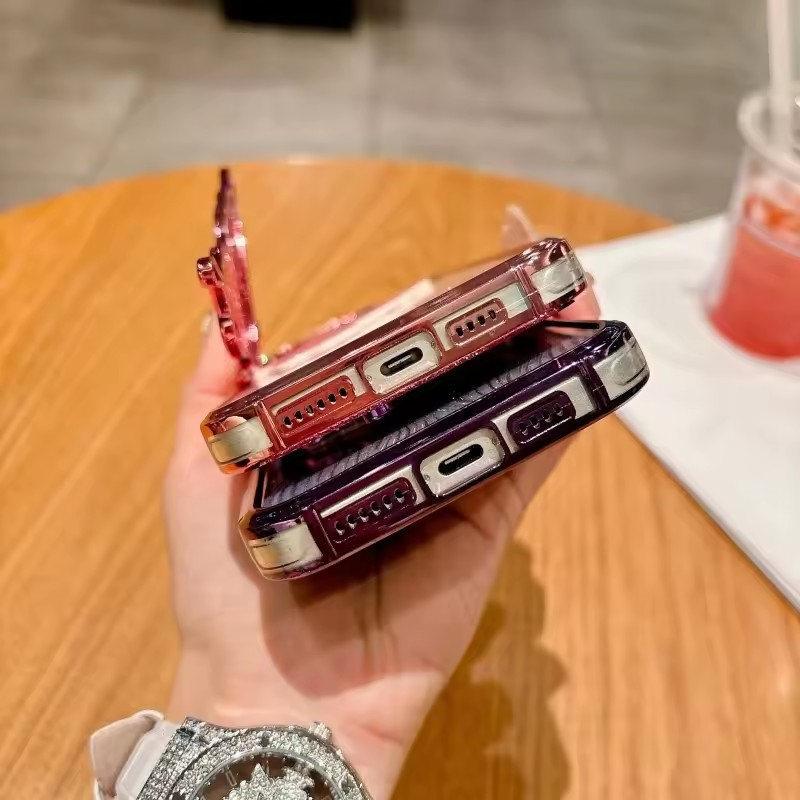 Luxury Bling Butterfly Bracket Transparent Case For iPhone 16 Plus 15 14 13 12 Pro Max 11 Plating Shiny Gradient Diamond Cover