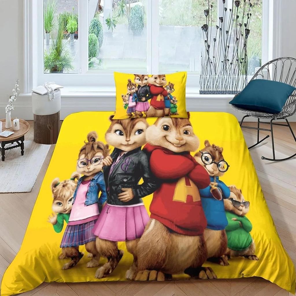 Exquisites 3D-Cartoon Alvin und die Eichhörnchen Bettwäsche-Set Bettbezug Steppdecke Bett Jugend Kinder Mädchen Jungen Geschenk