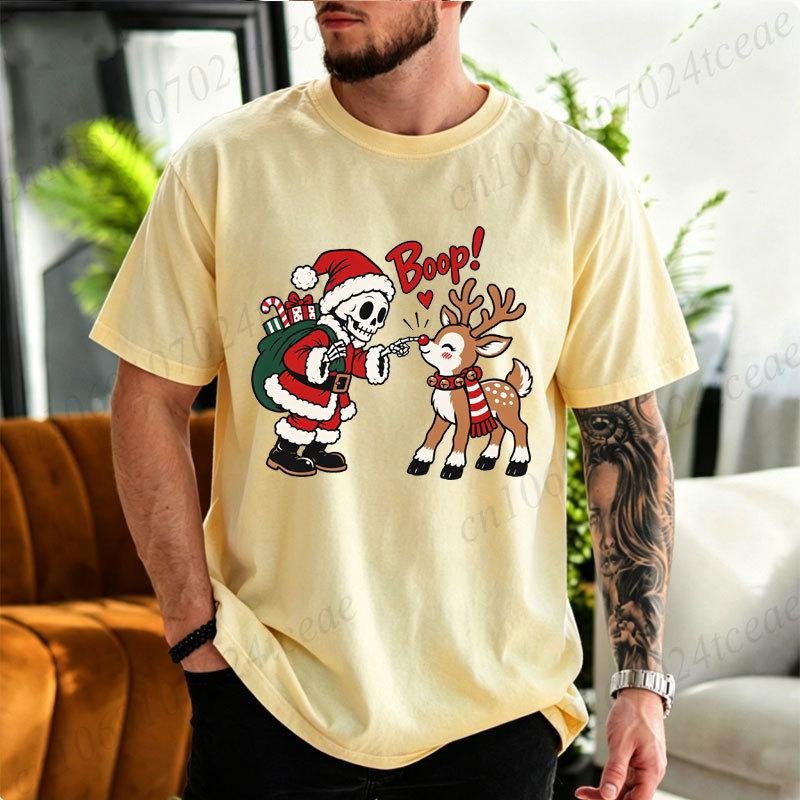 Cotton T-Shirt Christmas Skeleton Santa Reindeer Graphic Tshirt, Reindeer Boop Retro Holiday Humor Tees,Xmas Holiday Family Matching Party Tops