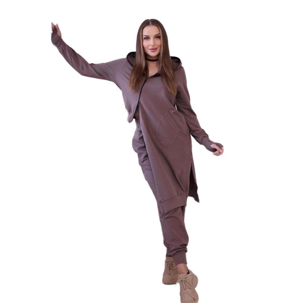 New Women's Hooded Sporty Fashionable Casual Zipper Large-sized Asymmetrical Long-sleeved Set