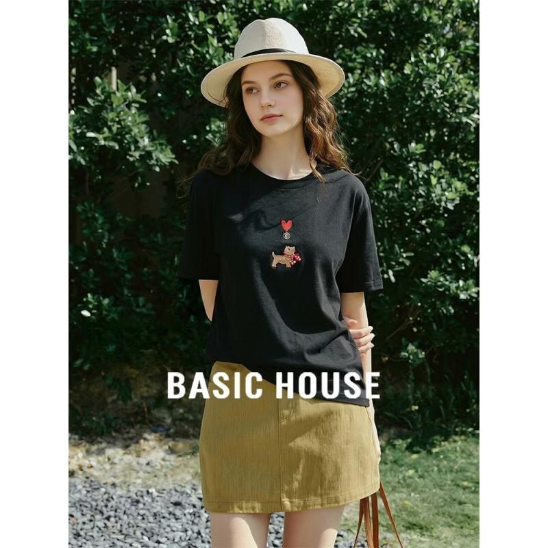 Basic House Women s Embroidered Round Neck Cotton T-Shirt 2XL