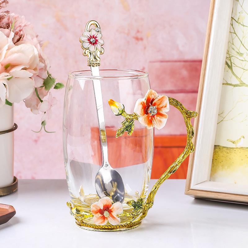

Enamel Color Flower Teacup Household Glass Afternoon Tea Water Cup Light Luxury Crystal Cup High Temperature Resistant Cup 301-400ml
