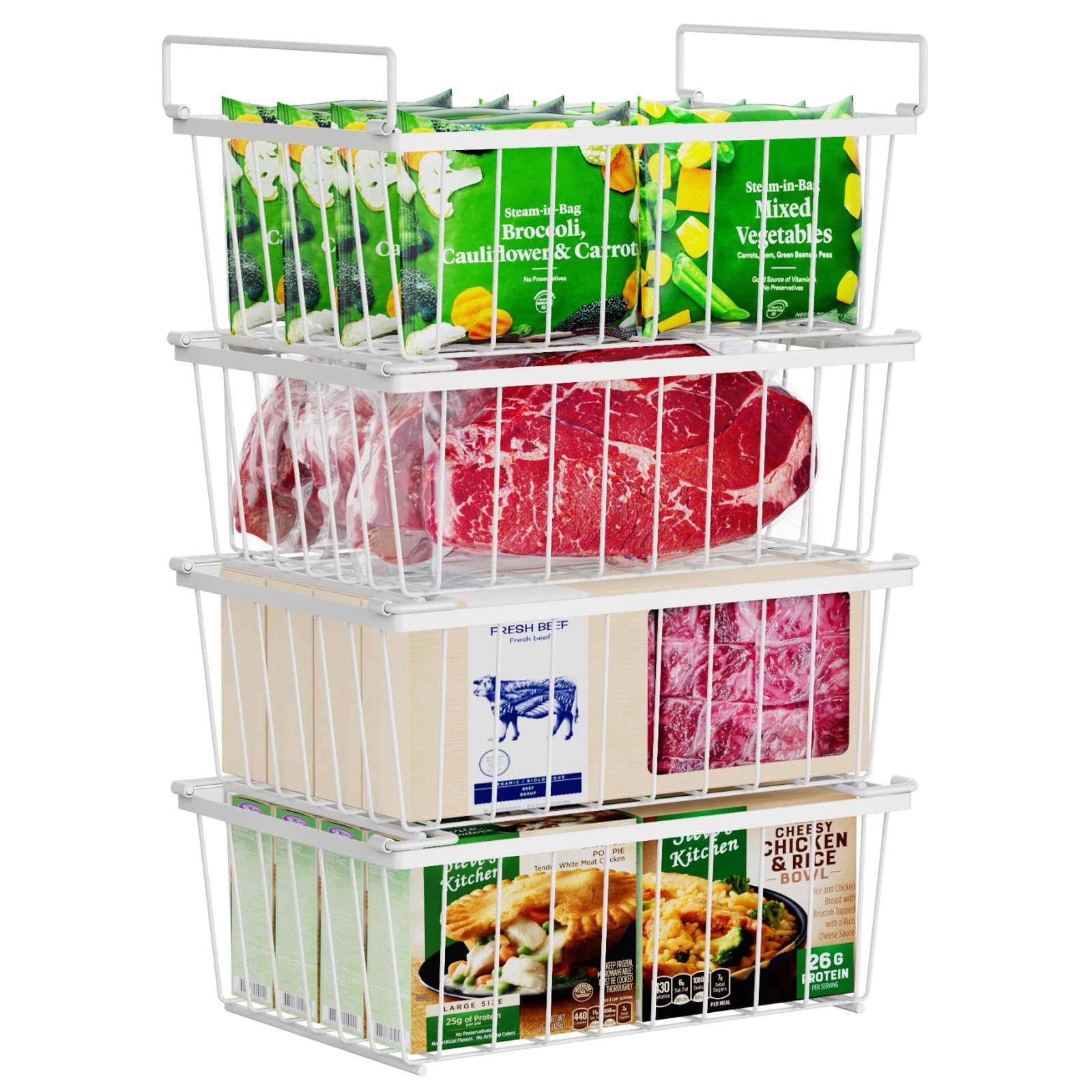 

4 Pack Stackable White Freezer Organizer Bins for 5 Cu.Ft Chest Freezer with Handles Easy Access Bottom Food No Digging белый