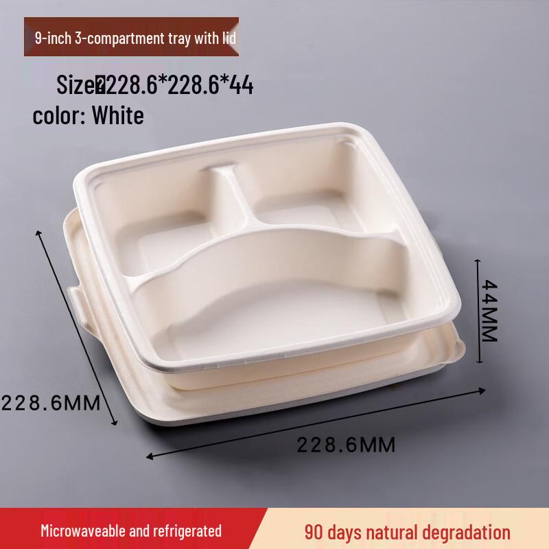 Disposable 9-inch 3-Compartment Sugarcane Pulp Tray with Lid