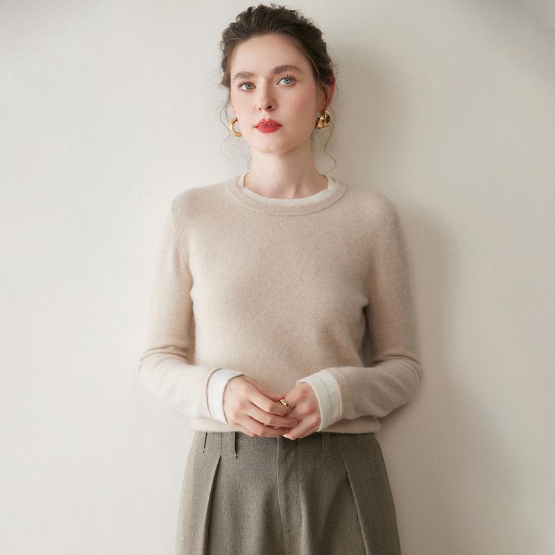 Women's Contrast Color Fake Two-Piece Cashmere Knit Sweater - Loose Fit, Round Neck, Autumn Winter Top