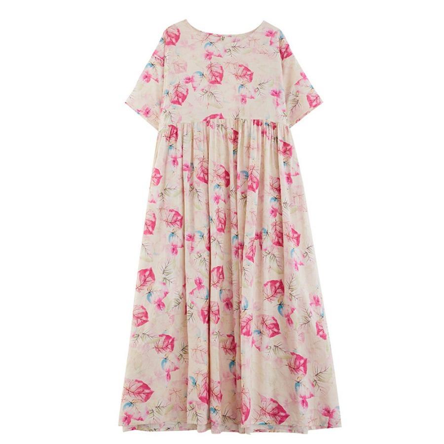 Cotton Linen Vacation Pattern Maxi Dresses Summer Holiday Travel Vintage Round Neck Short Sleeve Dress Women