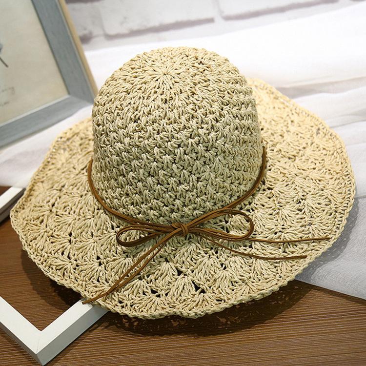 Handmade Crochet Straw Hat Women's Foldable Versatile Bow Travel Vacation Visor Beach Big Eaves Hat Summer