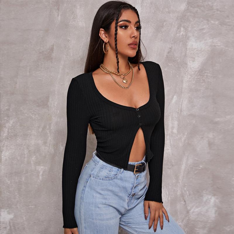 Spring and Summer New Long-sleeved Open-button Cardigan Top, Sexy Button-knitted T-shirt