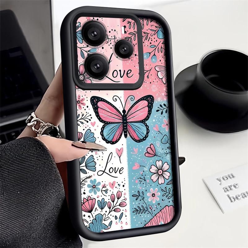 Blue Pink Butterfly Floral Pattern Case For Xiaomi 14T 13T 11T Pro Funda Redmi Note 14 13 Pro 5G 4G 12 11 Shockproof Bumper Silicone Cover