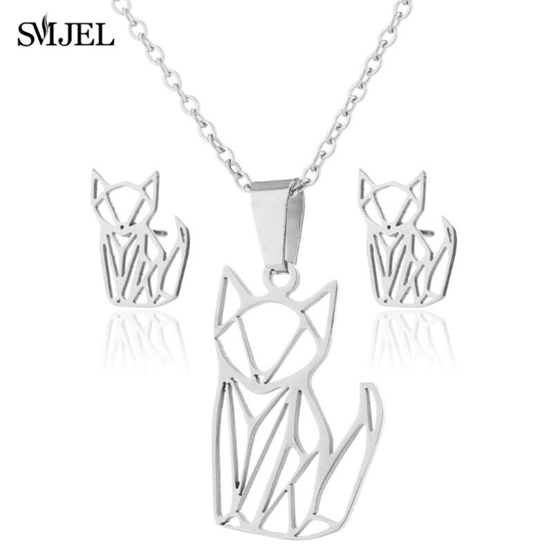 Lovely Gold Color Kitten Cat Stainless Steel Zircon Set Necklaces Men Collares Fashion Hollow Cat Earring Necklace Paw Zircon