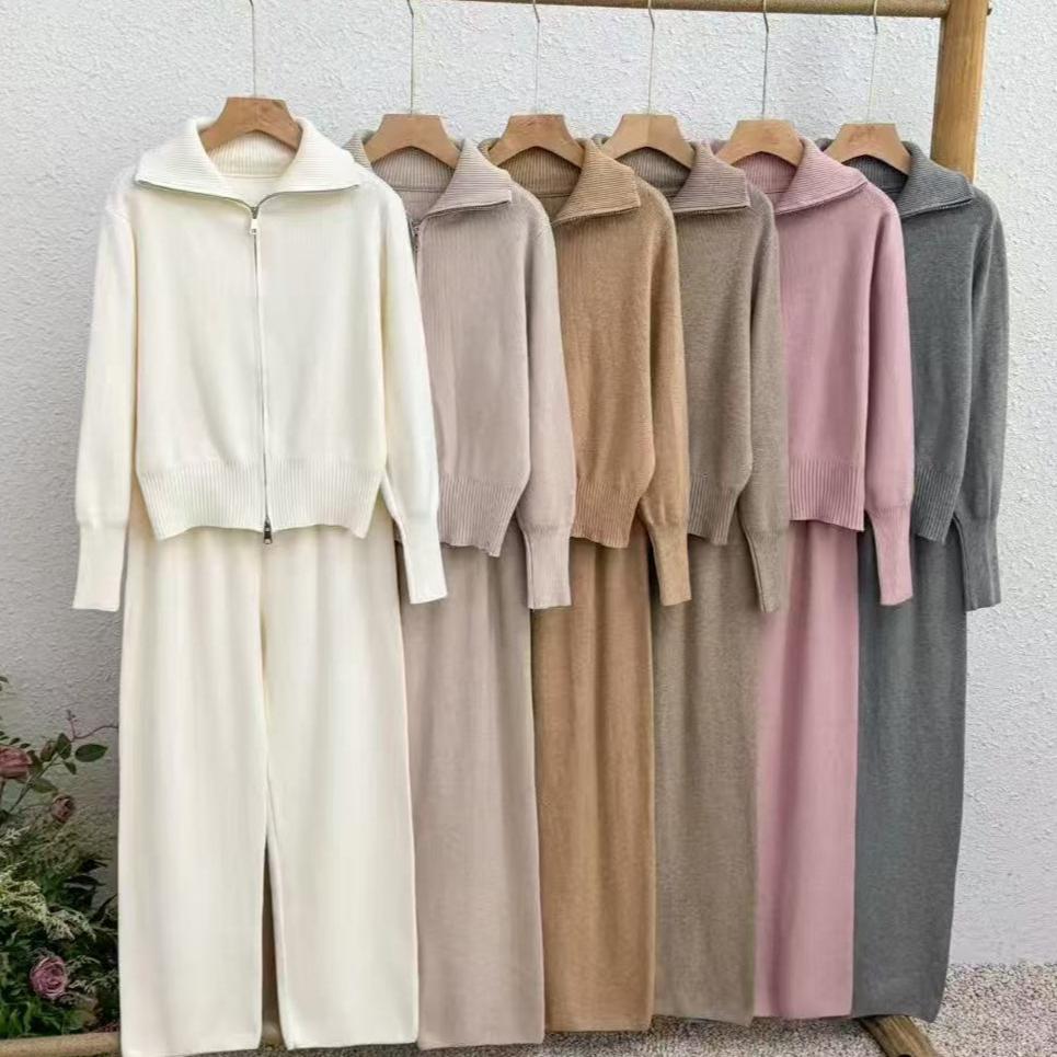 Damen Mode Langarm Doppelreißverschluss Pullover Cardigan Hose Sport Zweiteiler Lässiger Cardigan Anzug Damen