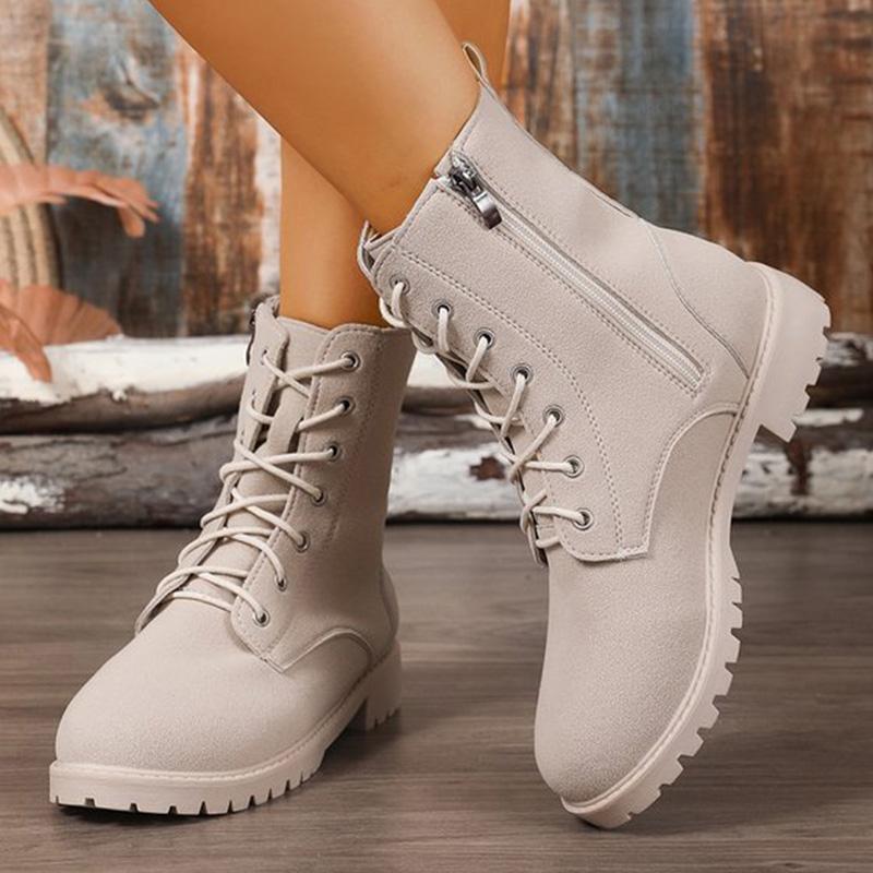 

Fashion British Style Pu Leather Ankle Boots Women Spring Autumn Side Zipper Up Boots for Woman Plush Size Non Slip Booties Ladies 43 бежевый