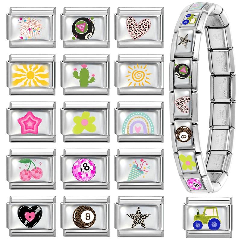 Y2K Colorful Charm Sun Leopard Heart Star Ball Fruit Flower Italian Charm Links Fit 9MM Stainless Steel Bracelet DIY Making Gift